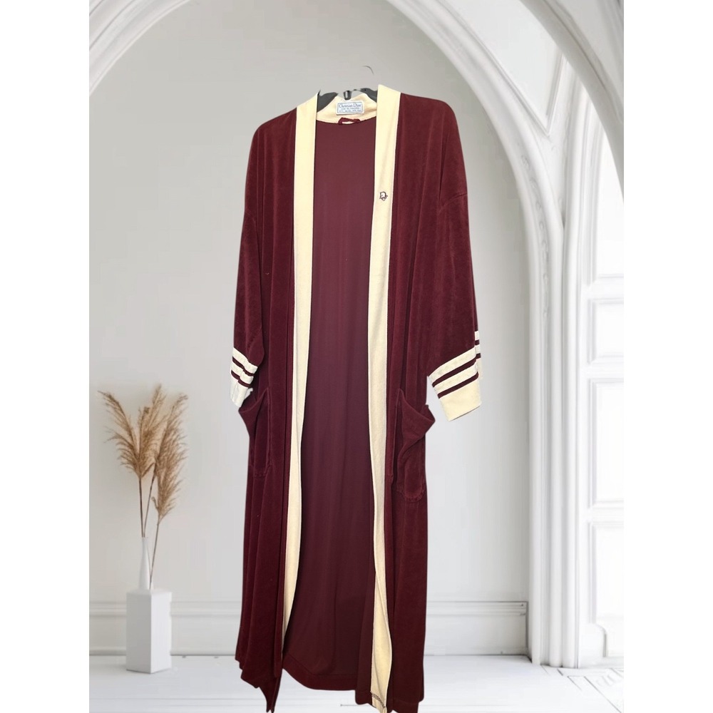 Vintage Christian Dior Men's Velvet Velour Robe‎ Burgundy One Size Belted OS